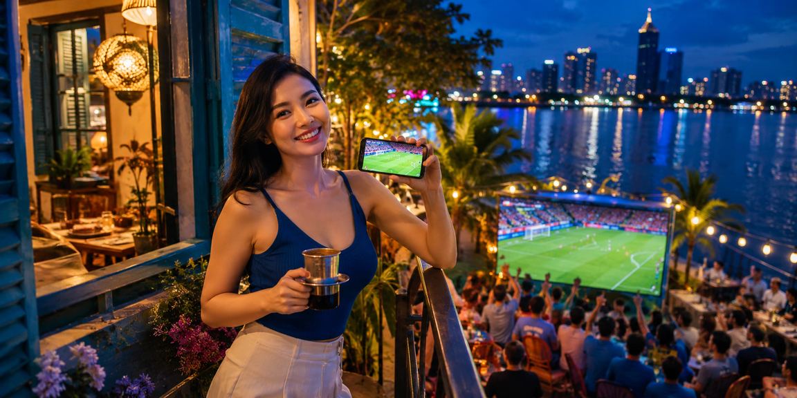 Người hâm mộ bóng đá tại TP. Hồ Chí Minh xem tỷ lệ kèo qua điện thoại bên ly cà phê Việt